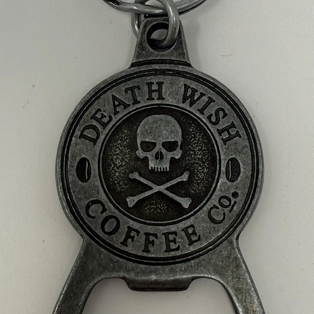 Death Wish Coffee Co‎ Bottle Opener Keychain Silver Skull Crossbones Pewter Tone